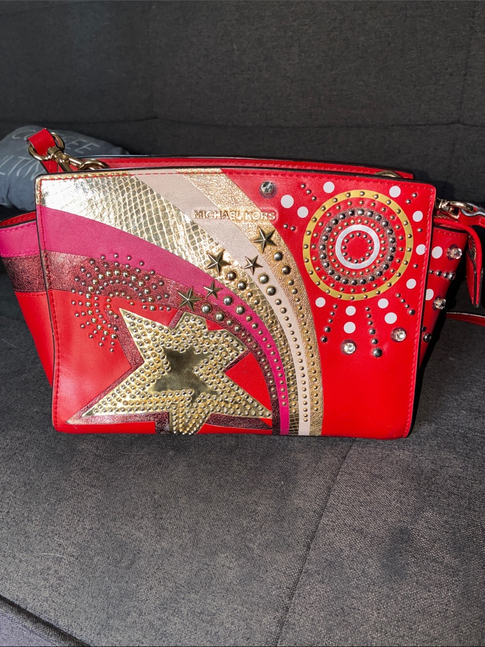 Michael Kors Red Selma embellished Crossbody with Gold & Pink Embellishments - Picture 4 of 15